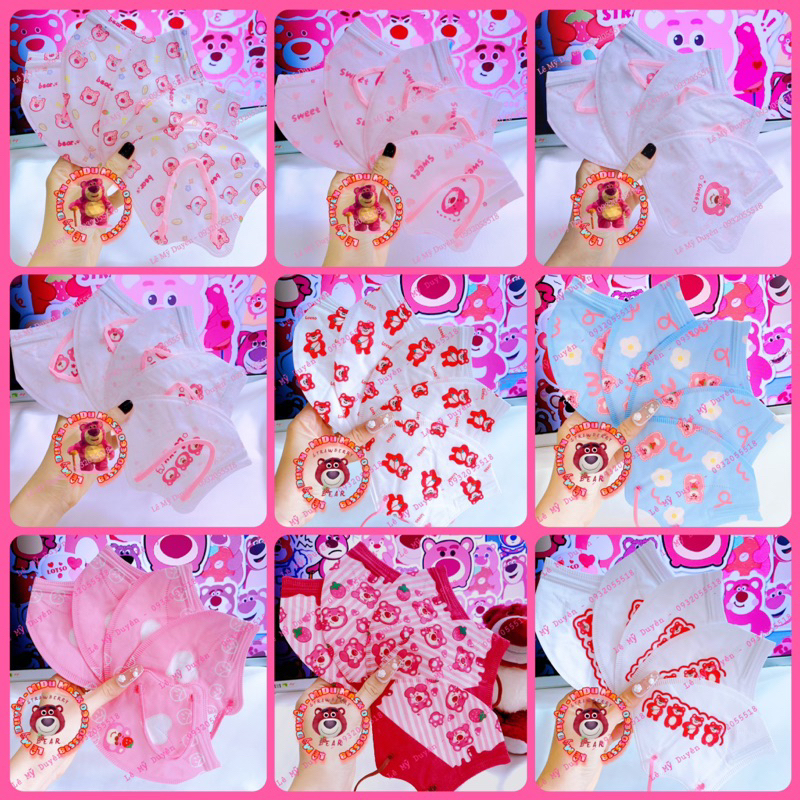 Hàng Sẵn - Set 10 Cái Khẩu Trang 5D KN95 Gấu Dâu Lotso Cute Dành Cho Người Lớn