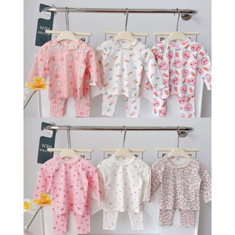 {Bảng màu 2} Sét bộ dài tay cho bé gái cổ ren tiểu thư vải cotton vân gỗ xuất dư xinh xắn