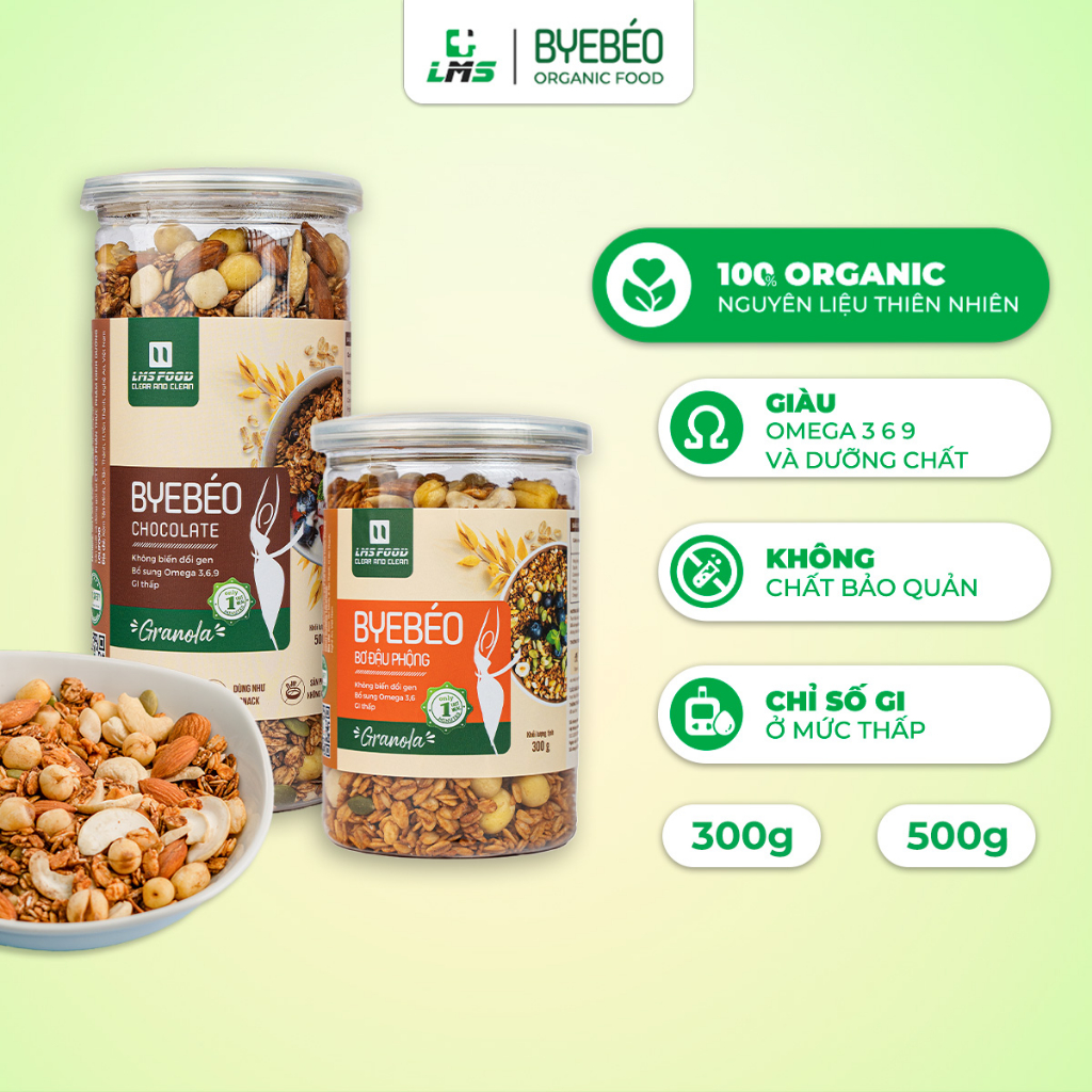 Ngũ Cốc Granola BYE BÉO Yến Mạch Và Các Loại Hạt Sấy Giòn, Hỗ Trợ Giảm Cân, Eat Clean, Bổ Sung Omega 369 - LMS FOOD