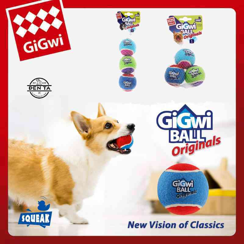 Gigwi Ball Originals - Bộ 3 bóng tennis, banh nỉ mềm nảy có tiếng chút chít đồ chơi cho chó - Đen Ta pet shop