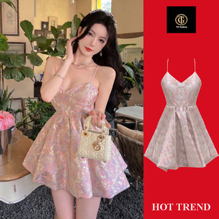 Váy đầm gấm dáng xoè bồng chéo lưng tgfashion