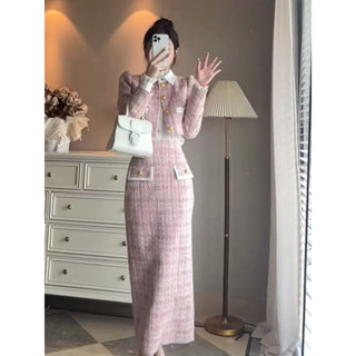 [Sẵn] Set Đồ Nữ Áo Dạ Tweed Croptop Dài Tay Cổ Tròn, Chân Váy Chữ A Dáng Dài Qua Gối Cạp Cao Set Đồ Nữ Sang Chảnh SD590