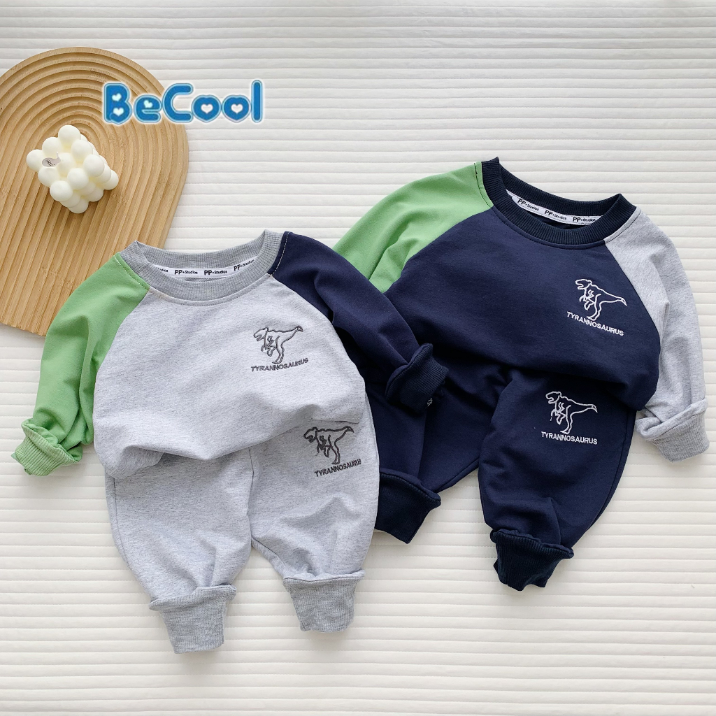 Bộ thu đông bé trai, bộ nỉ dài tay cho bé phối màu chất nỉ da cá, đường may đẹp thêu KHỦNG LONG - BeCool 11-27kg