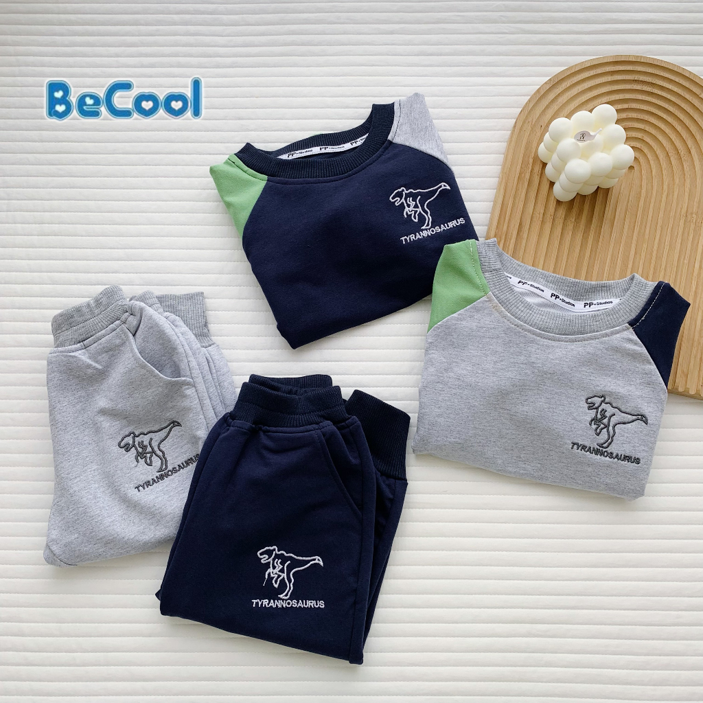 Bộ thu đông bé trai, bộ nỉ dài tay cho bé phối màu chất nỉ da cá, đường may đẹp thêu KHỦNG LONG - BeCool 11-27kg