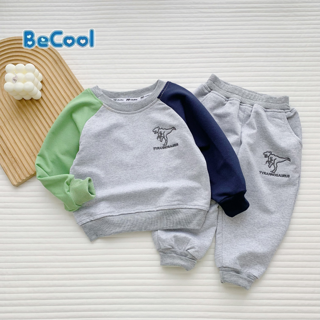 Bộ thu đông bé trai, bộ nỉ dài tay cho bé phối màu chất nỉ da cá, đường may đẹp thêu KHỦNG LONG - BeCool 11-27kg