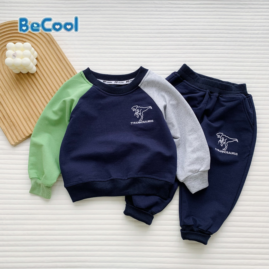 Bộ thu đông bé trai, bộ nỉ dài tay cho bé phối màu chất nỉ da cá, đường may đẹp thêu KHỦNG LONG - BeCool 11-27kg