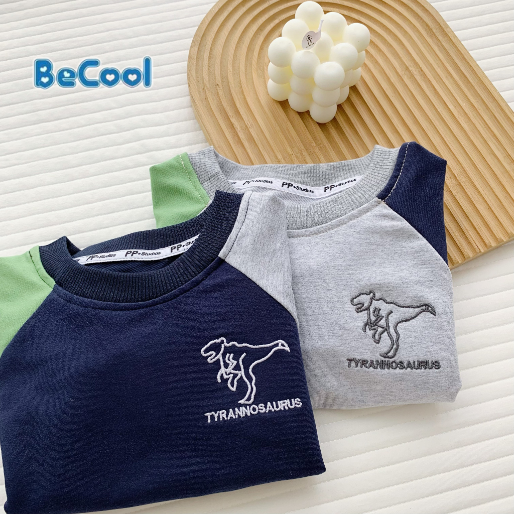 Bộ thu đông bé trai, bộ nỉ dài tay cho bé phối màu chất nỉ da cá, đường may đẹp thêu KHỦNG LONG - BeCool 11-27kg