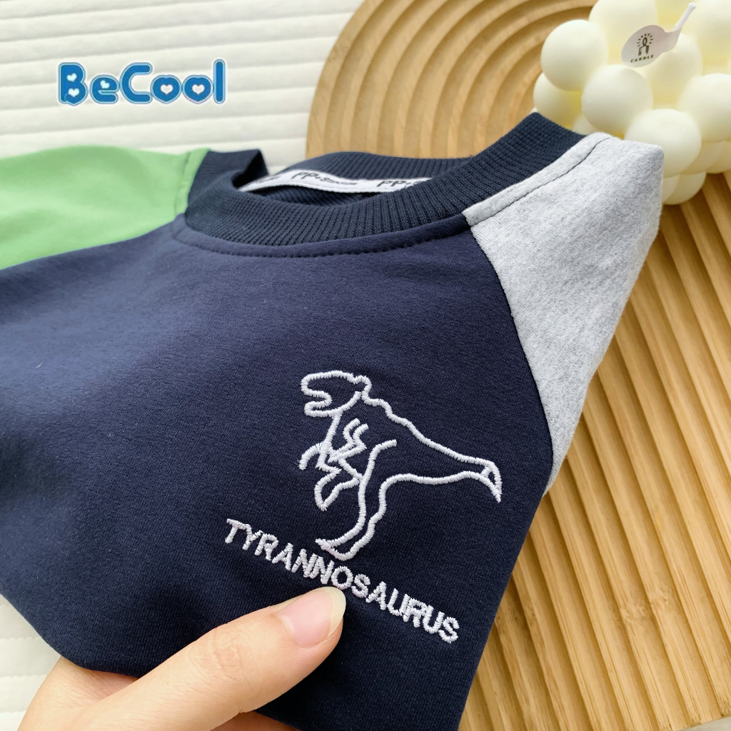 Bộ thu đông bé trai, bộ nỉ dài tay cho bé phối màu chất nỉ da cá, đường may đẹp thêu KHỦNG LONG - BeCool 11-27kg