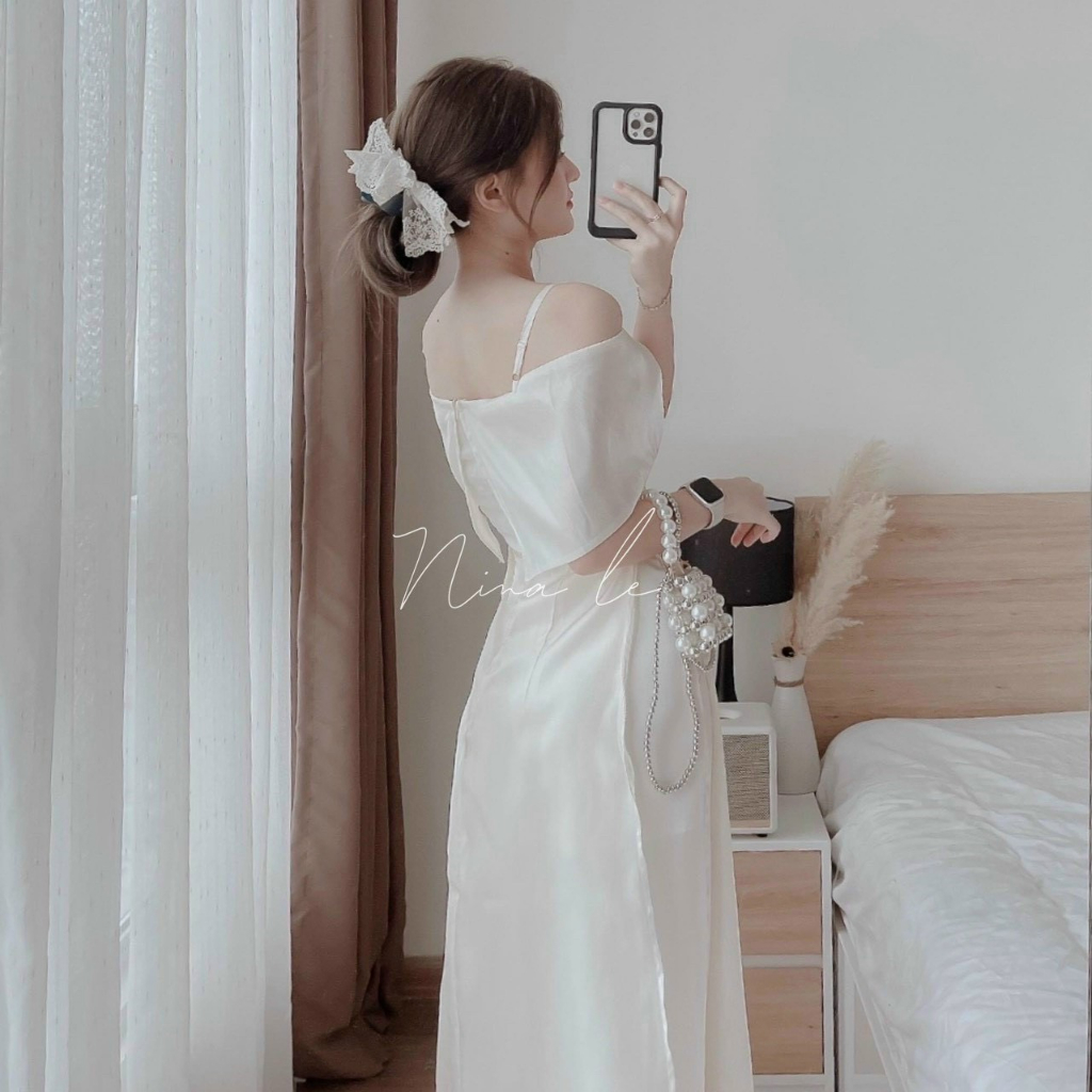 Sét áo dài cách tân màu trắng cao cấp kiểu hai dây trễ vai kết nơ cực xinh xắn và thanh lịch cho nàng tự tin diện tết