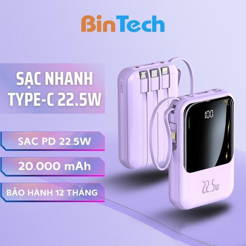 Pin sạc dự phòng Bintech 20000mAh, có sạc nhanh PD 22.5W tích hợp sẵn cáp cho điện thoại - Bảo hành 12 tháng