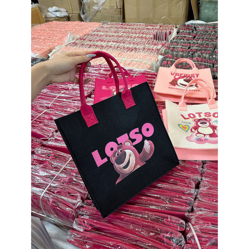 Túi Tote Đeo Vai Vải Nỉ In Hoạt Hình Gấu Dễ Thương Đa Năng Phong Cách Hàn Quốc - Túi xách in hoạ tiết gấu dâu losto