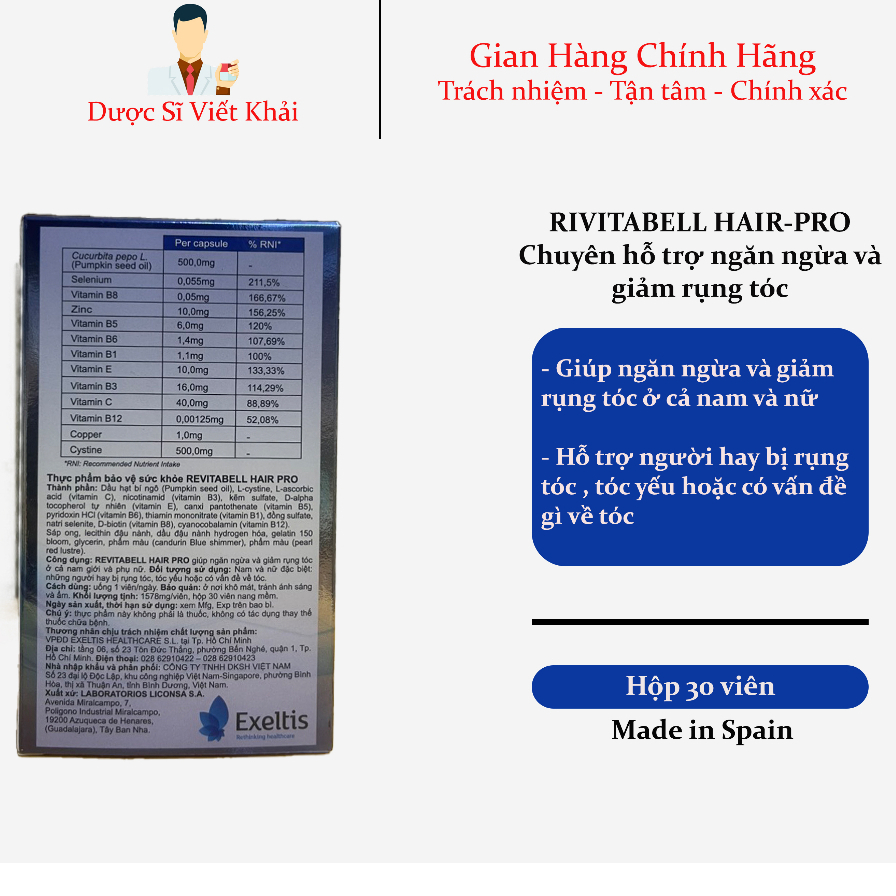 REVITABELL HAIR PRO VIÊN UỐNG HỖ TRỢ NGĂN NGỪA VÀ GIẢM RỤNG TÓC - HỘP 30 VIÊN