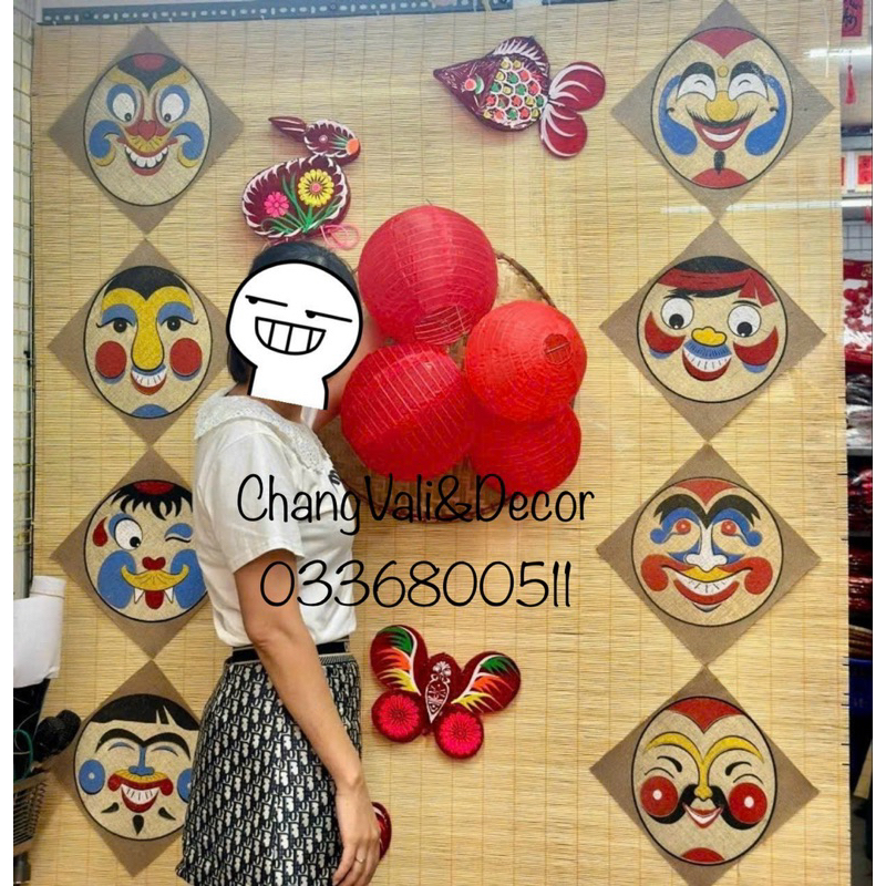 Mặt nạ vẽ nhân vật dân gian trên vải bao bố trang trí trung thu