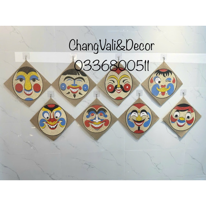 Mặt nạ vẽ nhân vật dân gian trên vải bao bố trang trí trung thu