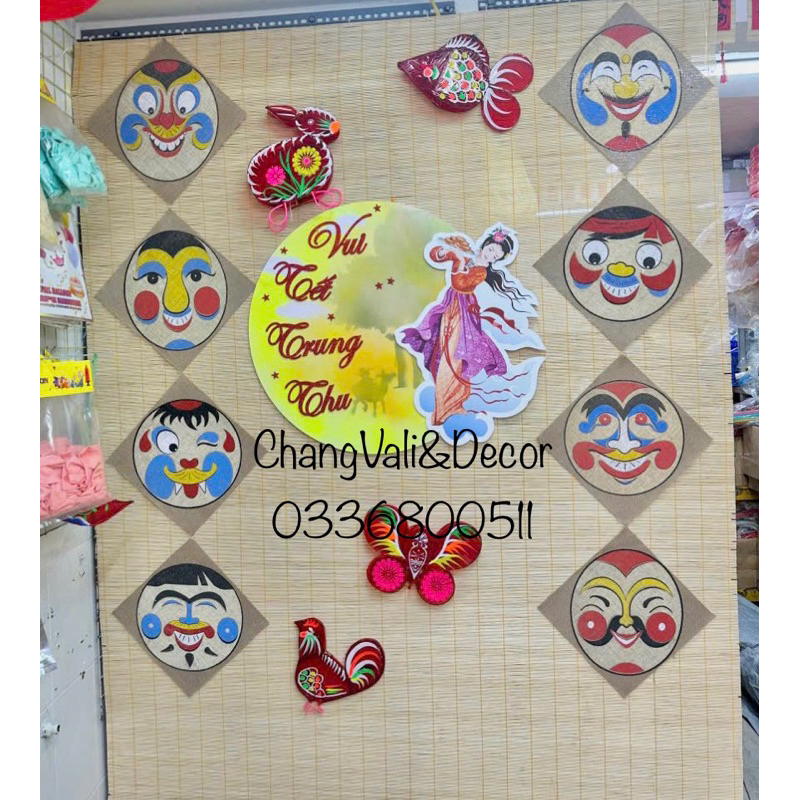 Mặt nạ vẽ nhân vật dân gian trên vải bao bố trang trí trung thu