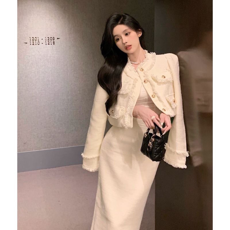 Sét Váy Đầm Tiểu Thư Dạ Tweed Tua Rua Mix Chân Váy Dài