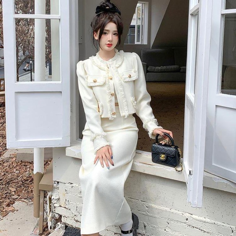 Sét Váy Đầm Tiểu Thư Dạ Tweed Tua Rua Mix Chân Váy Dài