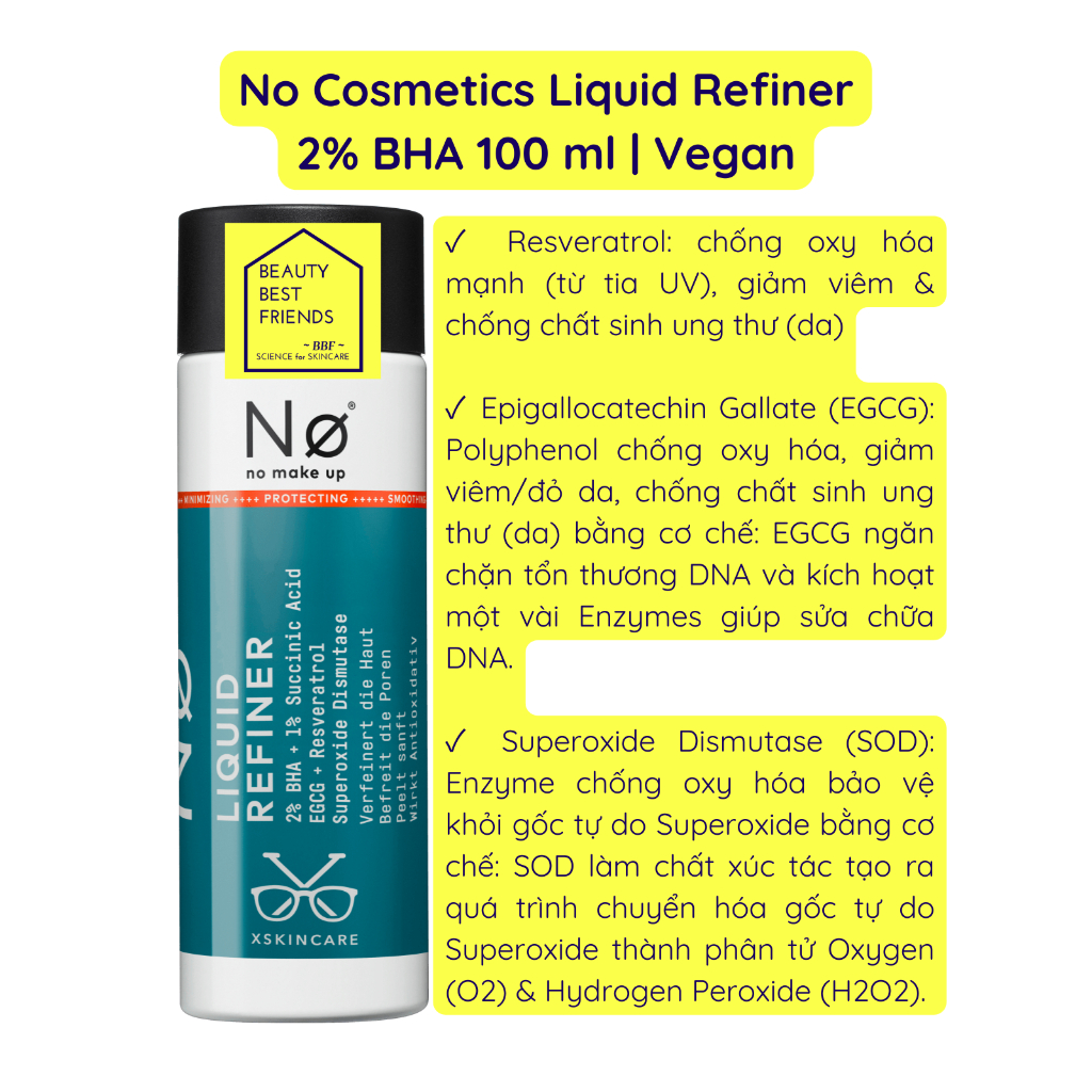 Acid toner No Cosmetics Liquid Refiner 2% BHA 100 ml tẩy da chết & chống oxy hóa