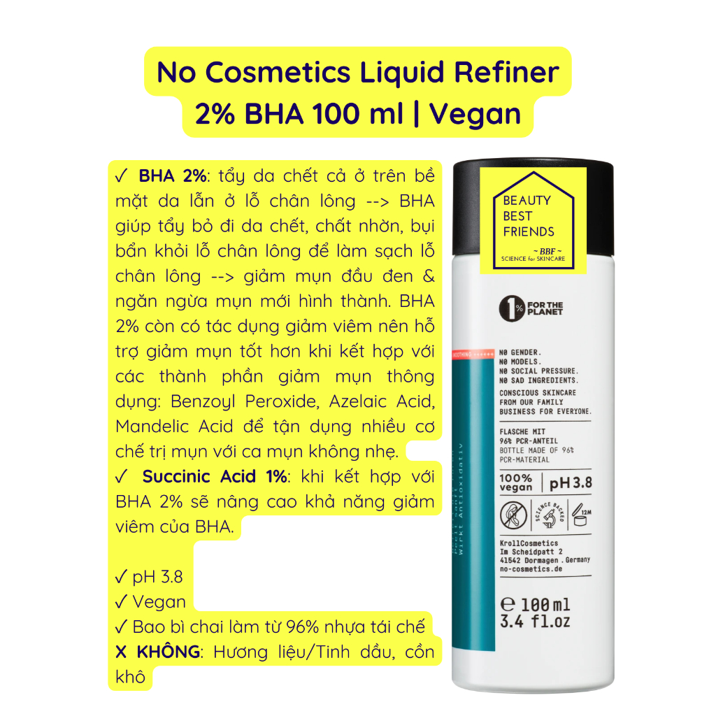 Acid toner No Cosmetics Liquid Refiner 2% BHA 100 ml tẩy da chết & chống oxy hóa