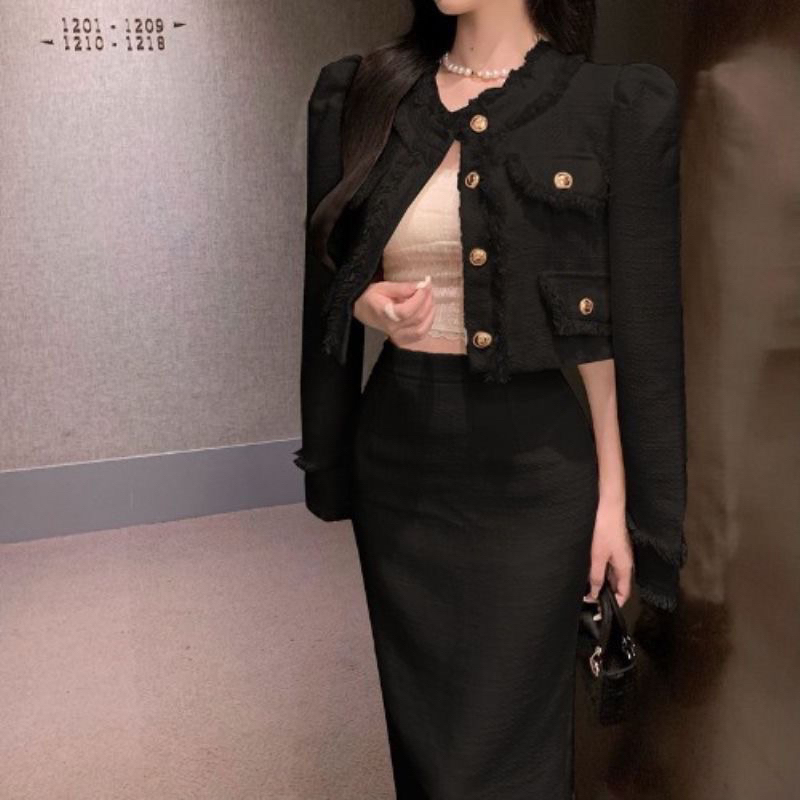 Sét Váy Đầm Tiểu Thư Dạ Tweed Tua Rua Mix Chân Váy Dài