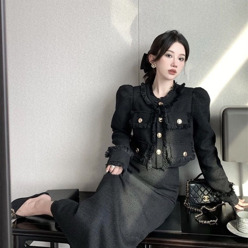 Sét Váy Đầm Tiểu Thư Dạ Tweed Tua Rua Mix Chân Váy Dài