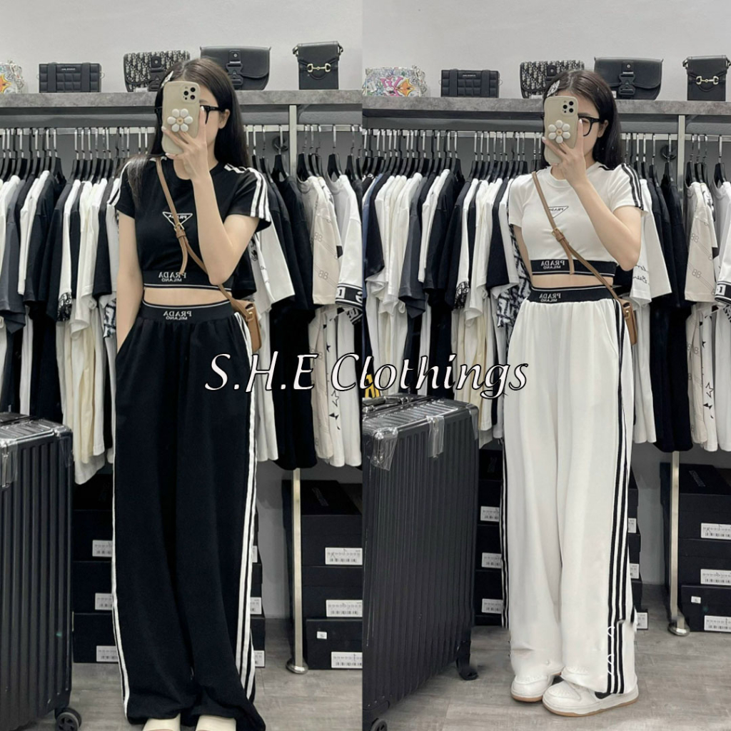 Set Bộ Đồ Nữ Áo Croptop Prada Ôm Body Phối Viền Tay Bo Cạp Mix Quần Suông Cạp Dệt Freesize S627
