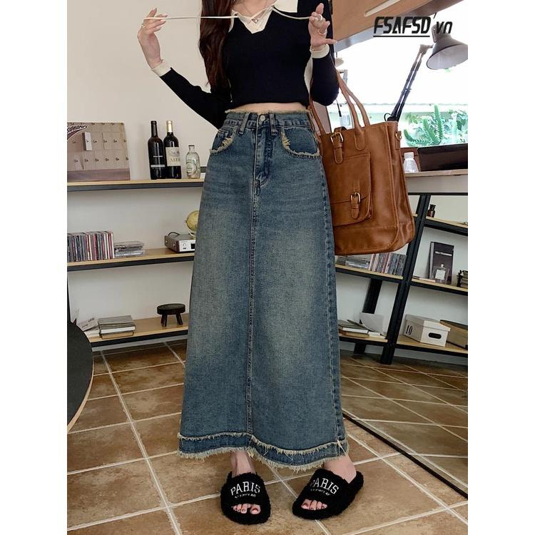Chân váy jeans chân váy tua rua dáng dài ko xẻ cá tính -V16(2)#6877