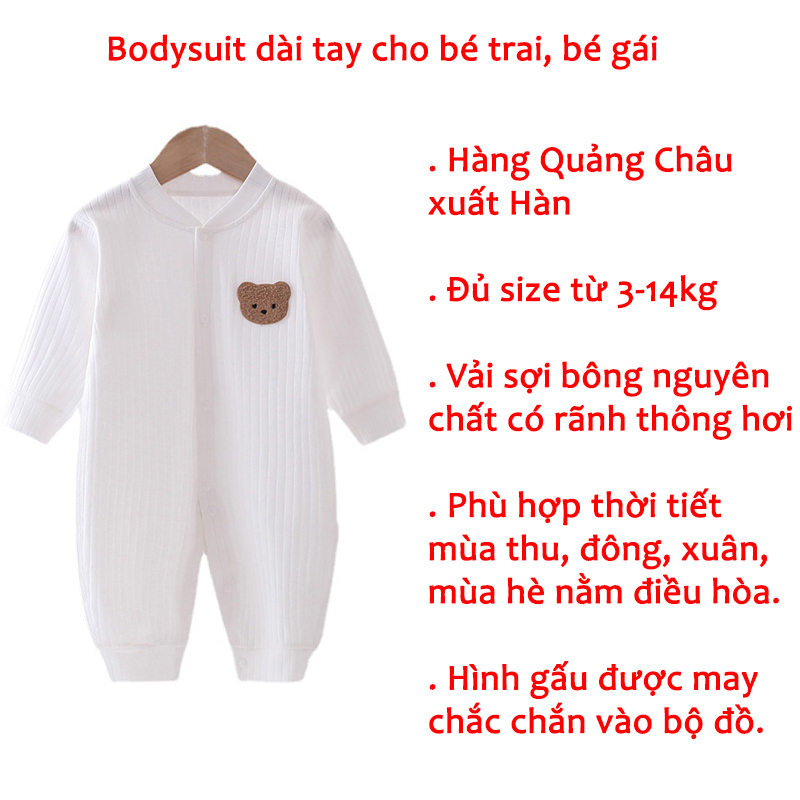 Bộ body dài tay cho bé trai bé gái sơ sinh từ 3-14kg vải sợi bông tinh khiết hàng Quảng Châu xuất Hàn _ BD76