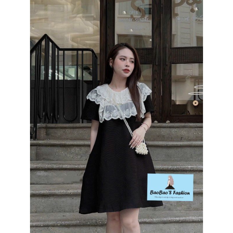 Đầm suông đen phối ren xinh xắn