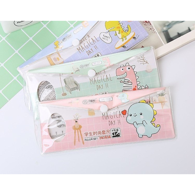 BỘ THƯỚC KẺ EKE ĐA NĂNG HÌNH KHỦNG LONG SIÊU ĐÁNG YÊU, THƯỚC NHỰA DẺO, THƯỚC KẺ KÈM COMPA PHI HÀNH G