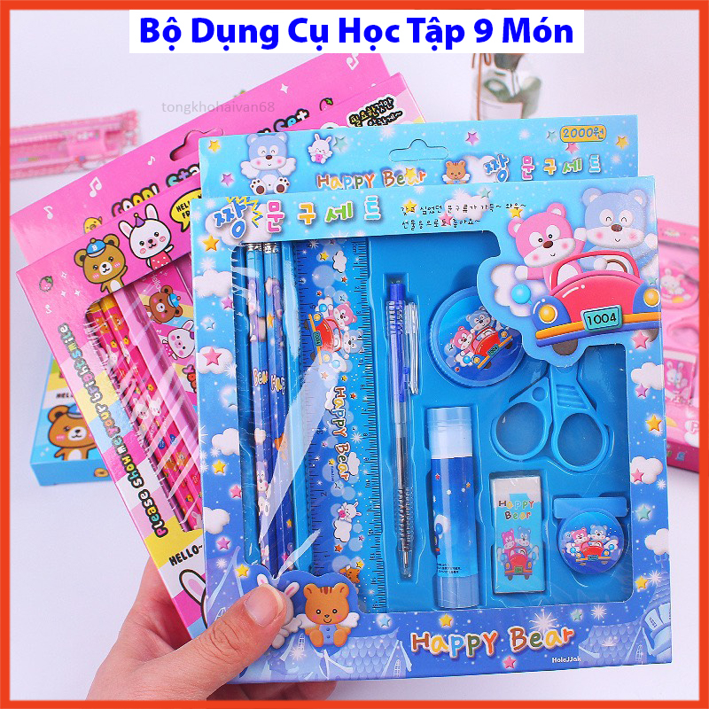 Bộ dụng cụ học tập 9 món gồm bút bi,bút chì,thước kẻ,tẩy,kéo,gọt xoáy bút chì,keo dán giấy, kẹp tiện lợi dễ thương