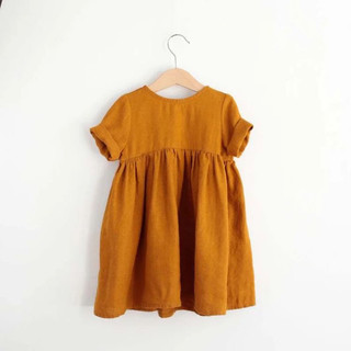 Váy linen bé gái tay xắn dáng babydoll cổ tròn Lamm
