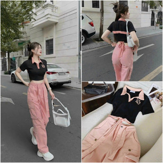  Set bộ đồ nữ áo crotop cổ bẻ tay ngắn cột dây sau lưng cùng với quần ống rộng tút hộp cực ngầu 