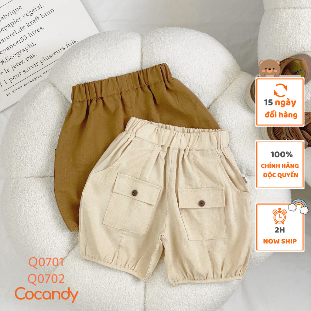 Quần cho bé -Quần cộc đũi BE.NÂU 2 túi cúc bo gấu cho bé của COCANDY mã Q0702,Q0701