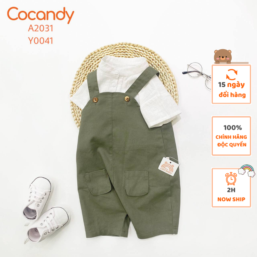 Set đồ cho bé -Yếm quần XANH RÊU 2 túi và Áo cộc TRẮNG trơn cổ tàu BÉ cho bé của COCANDY mã Y0041,A2031