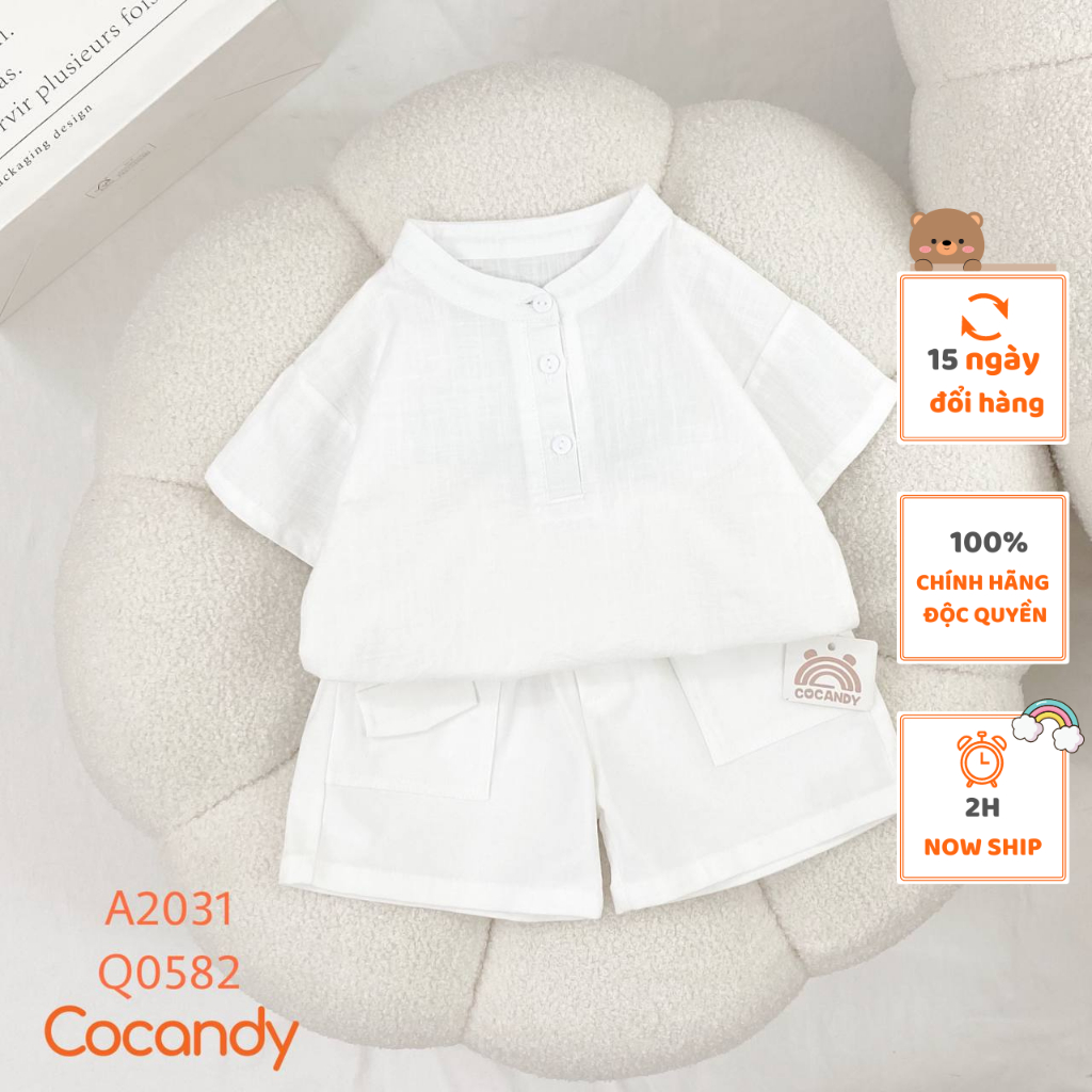 Set đồ cho bé -Áo cộc TRẮNG trơn cổ tàu BÉ và Quần cộc kaki TRẮNG 2 túi vuông cho bé của COCANDY mã A2031,Q0582