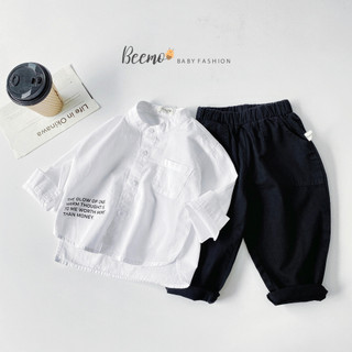 Bộ sơ mi trắng quần kaki bé trai, set áo sơ mi quần thô hàng thiết kế Beemo
