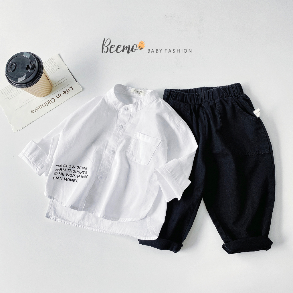 Bộ sơ mi trắng quần kaki bé trai, set áo sơ mi quần thô hàng thiết kế Beemo