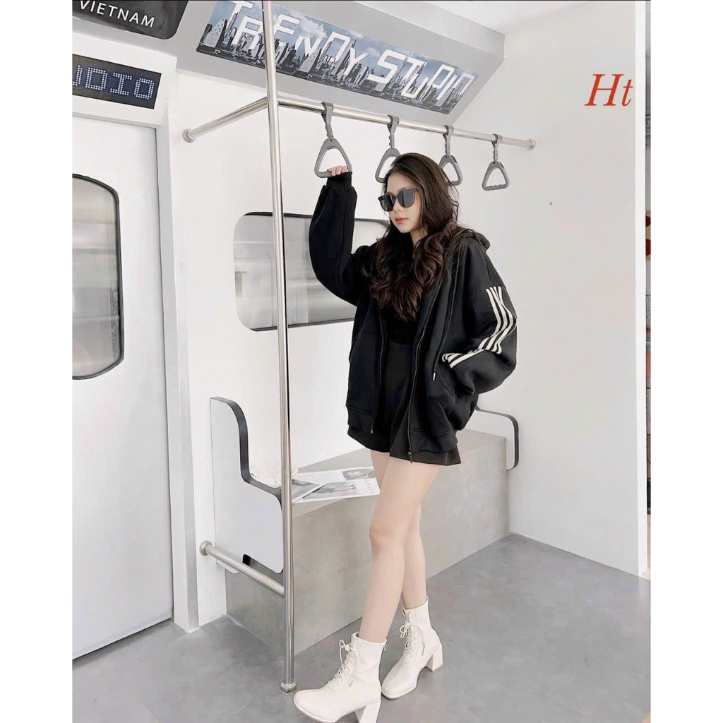 ÁO HOODIE NỈ NGOẠI KHÓA KÉO NỮ PHỐI 4 SỌC VAI MÀU TRẮNG ĐEN XÁM DÀY DẶN ẤM ÁP SIÊU HOT HIT