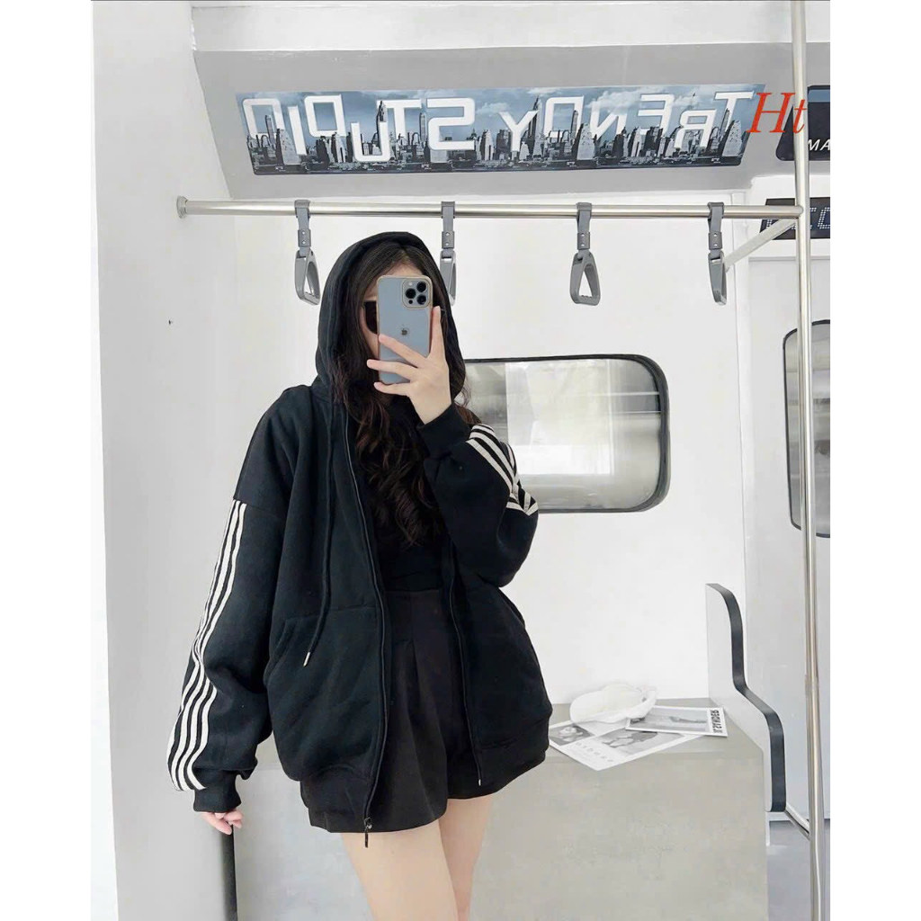 ÁO HOODIE NỈ NGOẠI KHÓA KÉO NỮ PHỐI 4 SỌC VAI MÀU TRẮNG ĐEN XÁM DÀY DẶN ẤM ÁP SIÊU HOT HIT