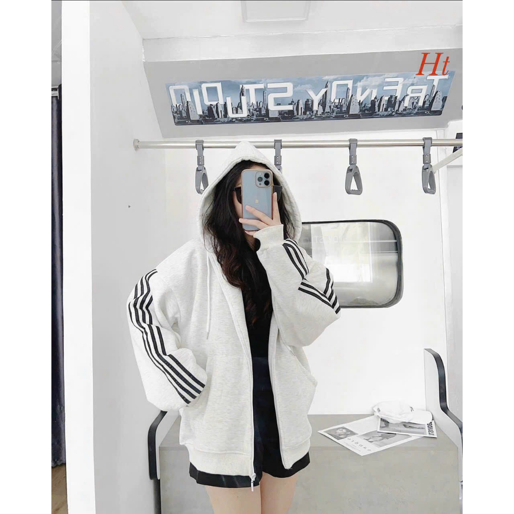 ÁO HOODIE NỈ NGOẠI KHÓA KÉO NỮ PHỐI 4 SỌC VAI MÀU TRẮNG ĐEN XÁM DÀY DẶN ẤM ÁP SIÊU HOT HIT