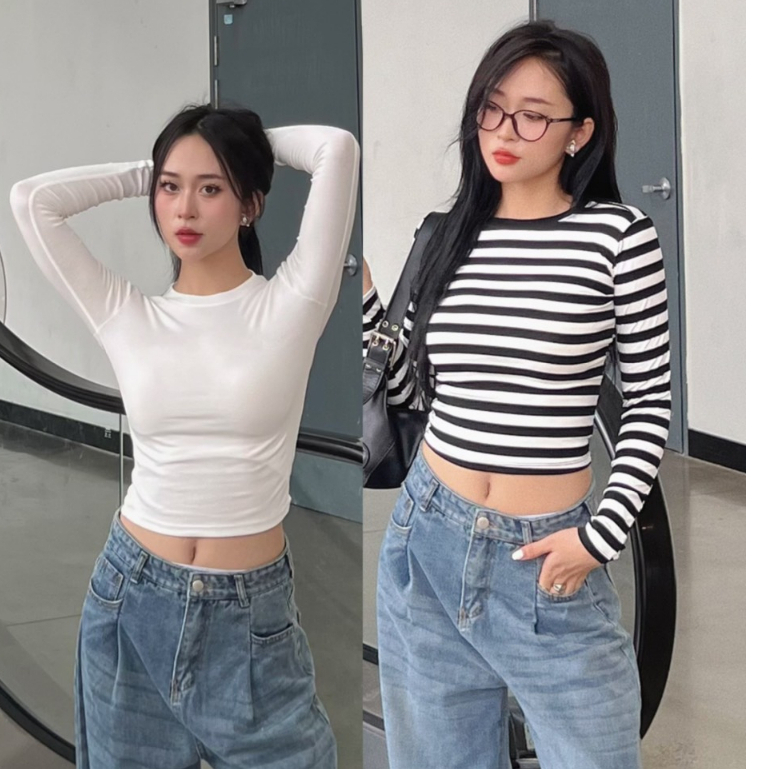 Áo thun trơn dài tay cổ tròn dáng croptop tôn dáng đủ màu Maia 54 P5K4