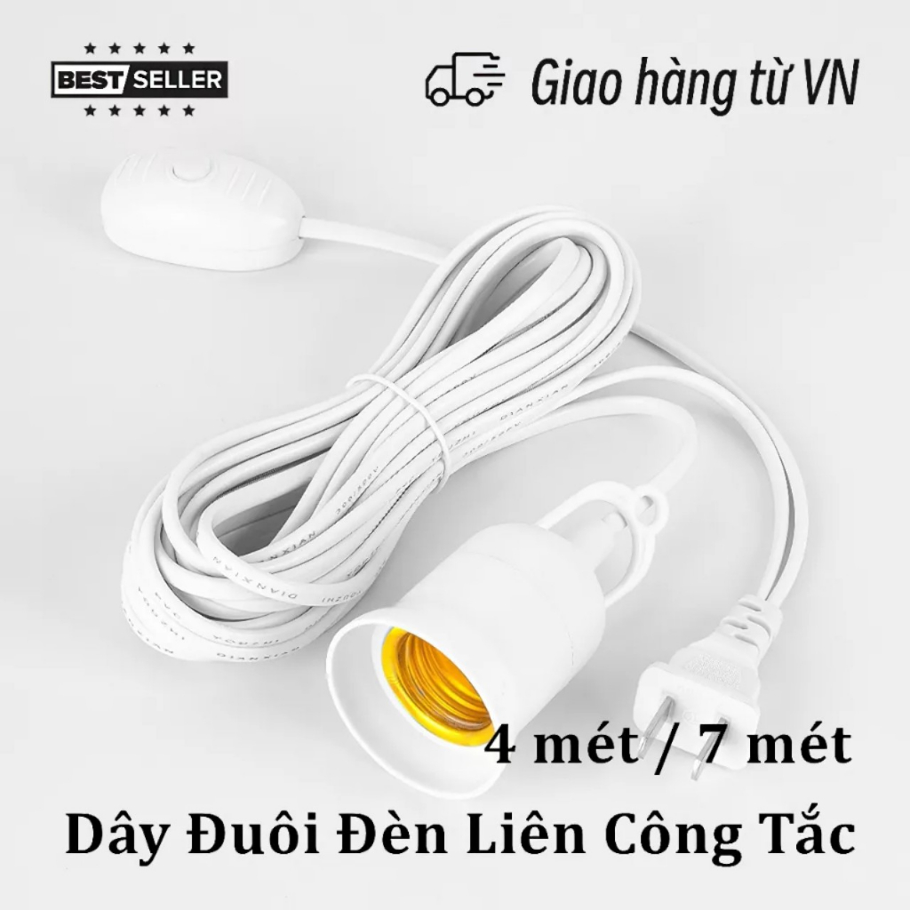 Đuôi đèn liền dây E27 có công tắc dạ quang chống vỡ , Dây điện kèm đui chịu nhiệt chịu mưa bảo hành 3 tháng