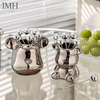 Bộ 6 dĩa ăn hoa quả, nĩa trái cây inox để bàn kèm ống đựng hình gấu chất liệu gốm sứ cao cấp sáng bóng - IMH152