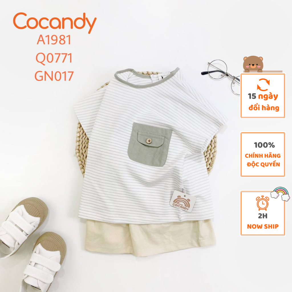 Set đồ cho bé -Áo cộc TRẮNG kẻ XANH túi XLÁ và Quần cộc BE túi ngang 2 cúc cho bé của COCANDY mã A1981,Q0771