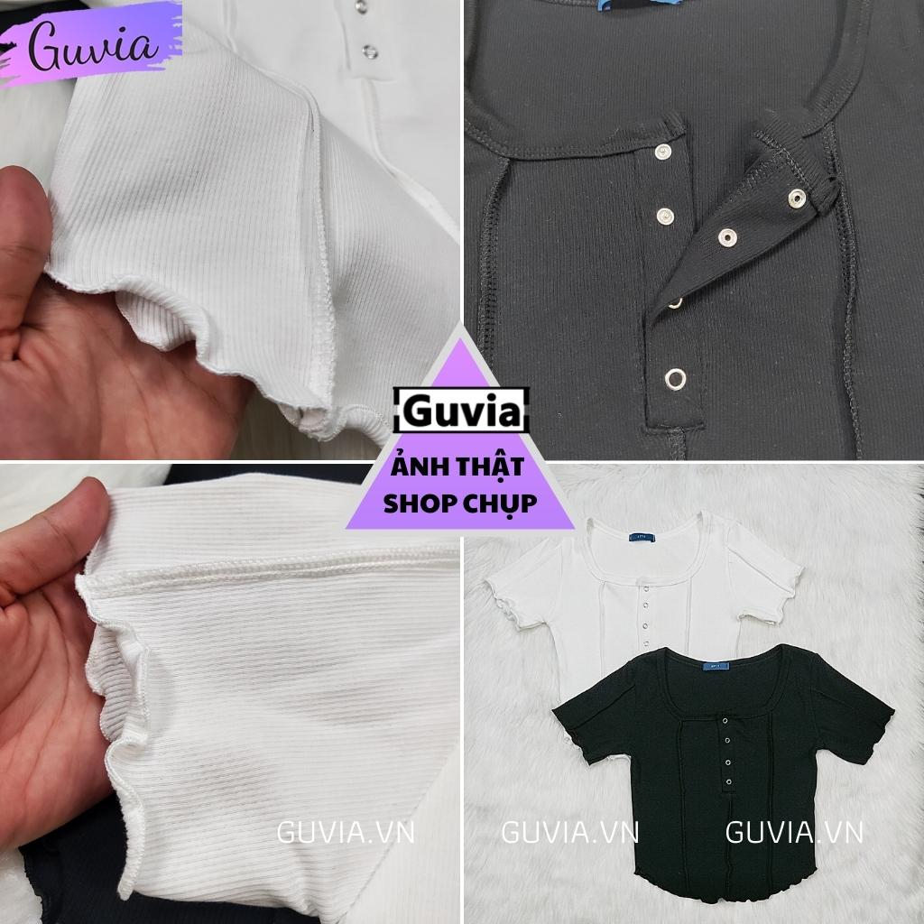 Áo Croptop Tay Ngắn CÚC BẤM 3 SỌC Cổ Vuông Ôm Body, Áo Thun Croptop Kiểu Vạt Bầu Chất Thun Gân GUVIA