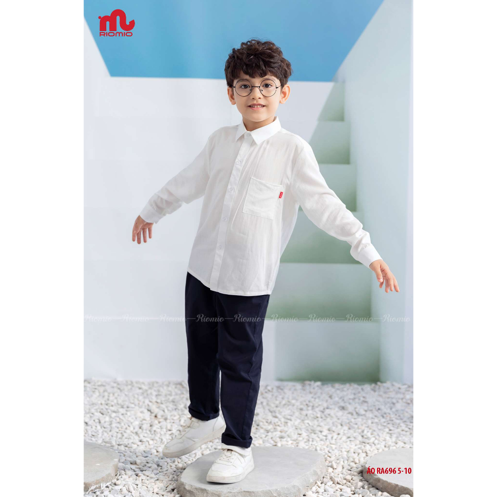 Áo sơ mi trắng bé trai Riomio áo sơ mi dài tay size 20-42kg cho bé đi học, cổ Đức chất 100% cotton thô Hàn mềm mát RA696