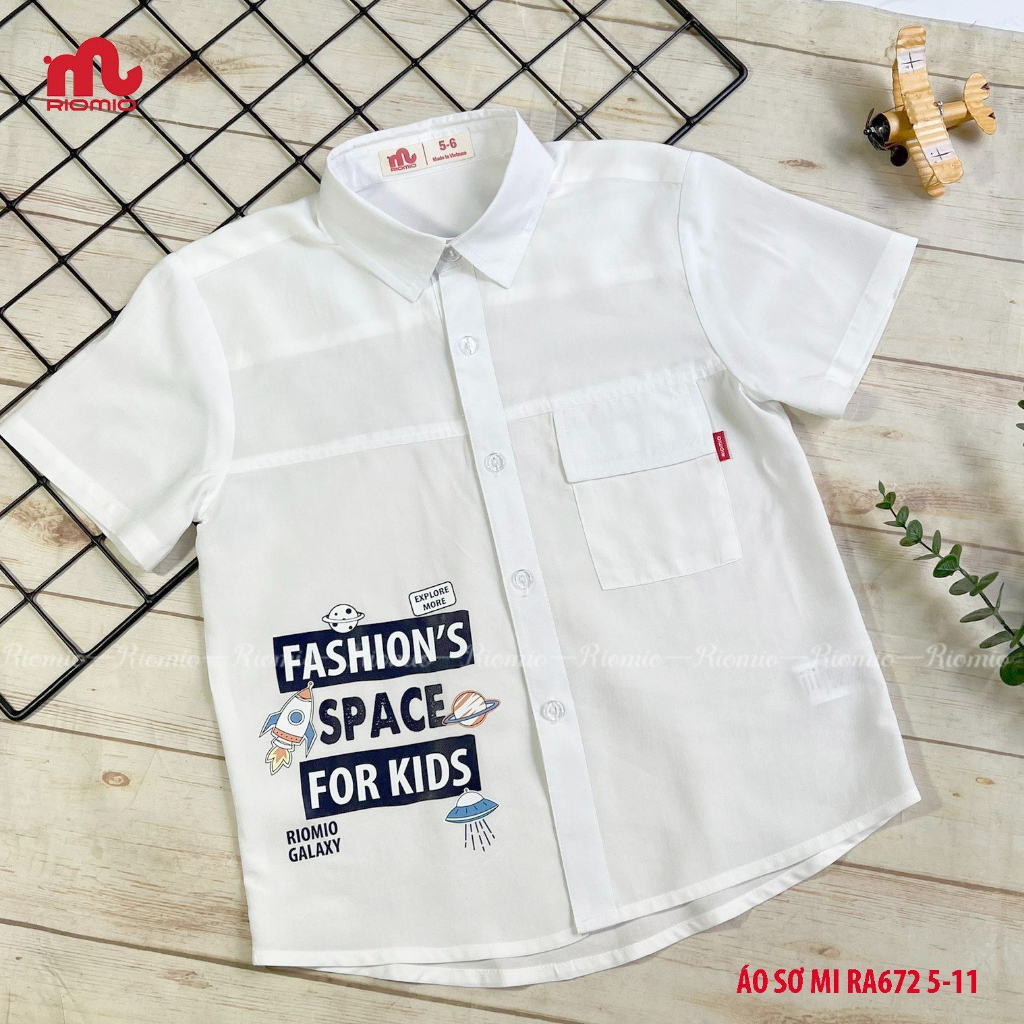 Áo sơ mi bé trai Riomio áo sơ mi trắng cộc tay cho bé đi học chất thô Hàn 100% cotton mềm mát cho bé 5 đến 11 tuổi RA672