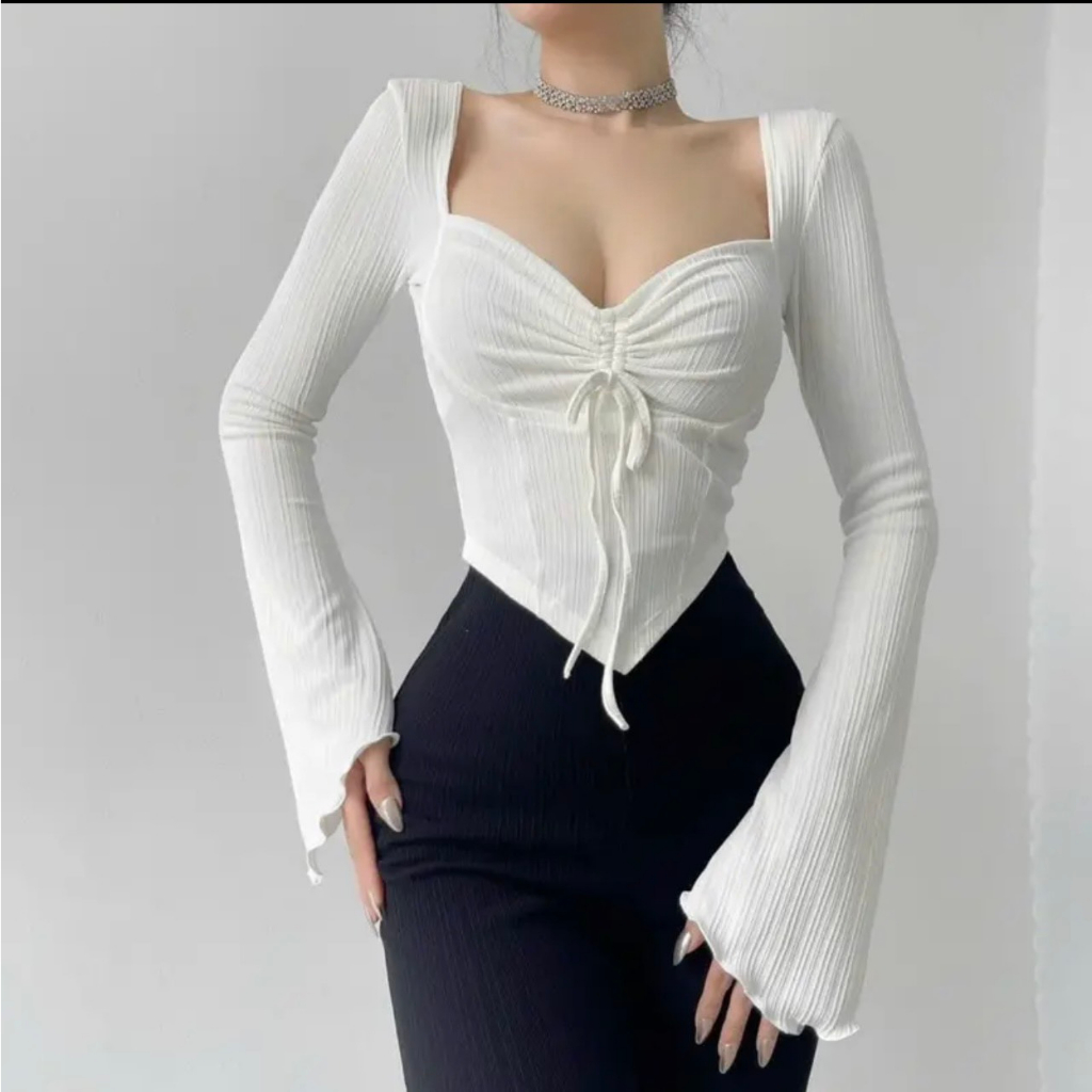 Áo gân tay dài rút ngực vạt nhọn kèm ảnh thật trải sàn