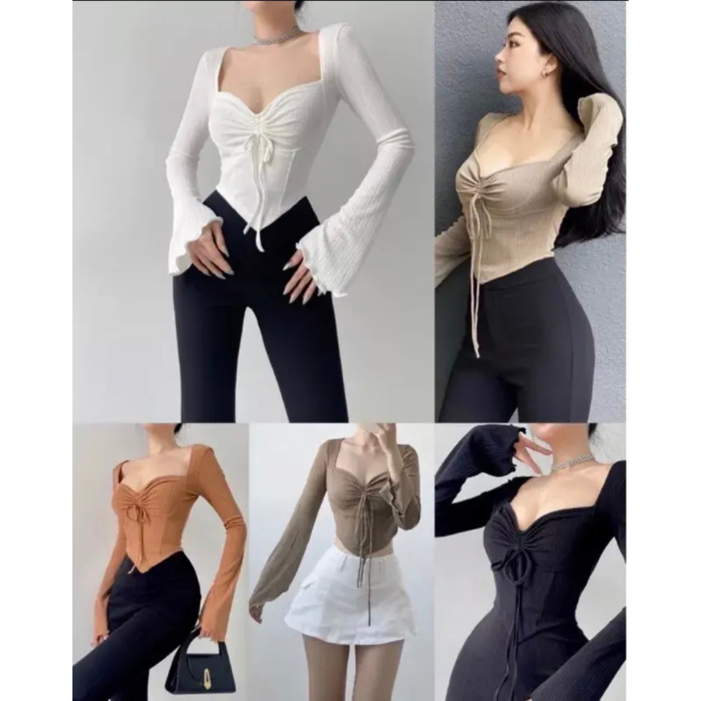 Áo gân tay dài rút ngực vạt nhọn kèm ảnh thật trải sàn